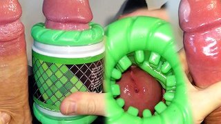 Teen fucks fleshlight and then puts on a condom and cums in it and jerks off his sperm 